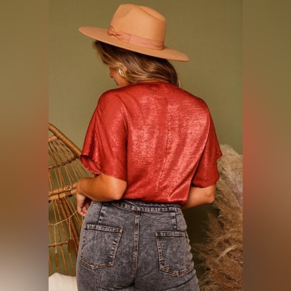 Brick Red Satin Surplice Bodysuit - Picture 4 of 6